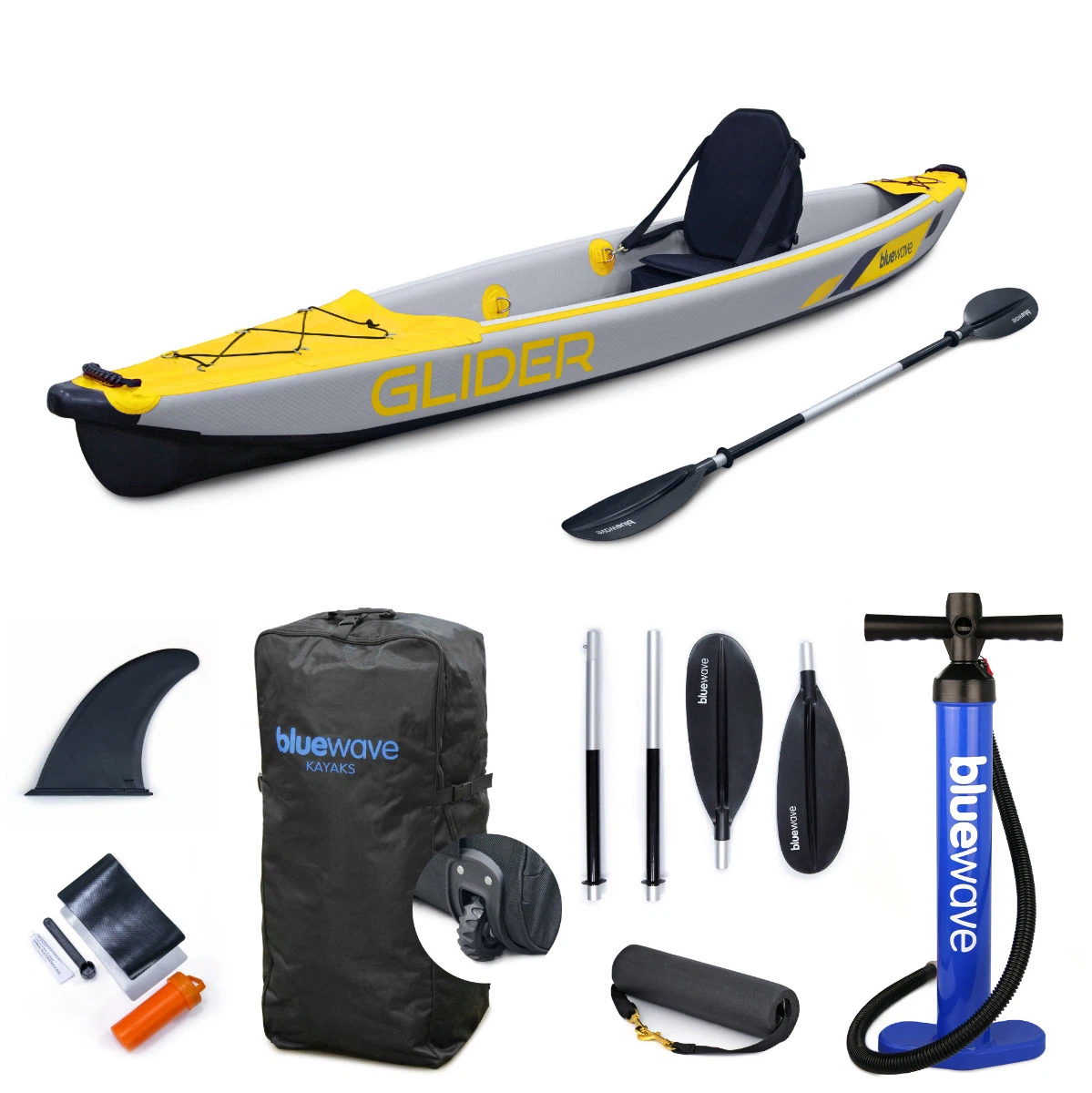 Bluewave Glider Single Inflatable Full Drop-Stitch Kayak Package - Yellow